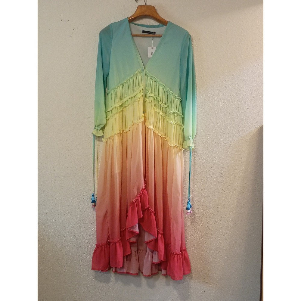 Linjia Shop Rainbow Ombre Tiered Ruffle Maxi Dress Long Sleeve Tassel Cuffs Med
